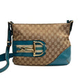 GUCCI 141504 Horsebit Shoulder Bag Hand Canvas Leather Beige Blue Gold Auth