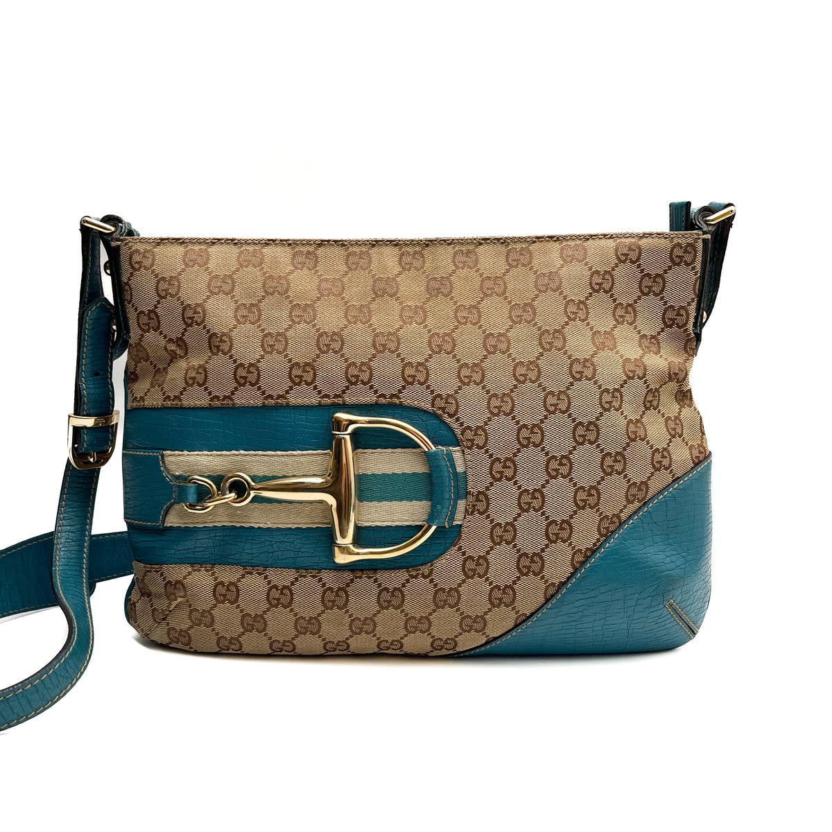 GUCCI 141504 Horsebit Shoulder Bag Hand Canvas Leather Beige Blue Gold Auth