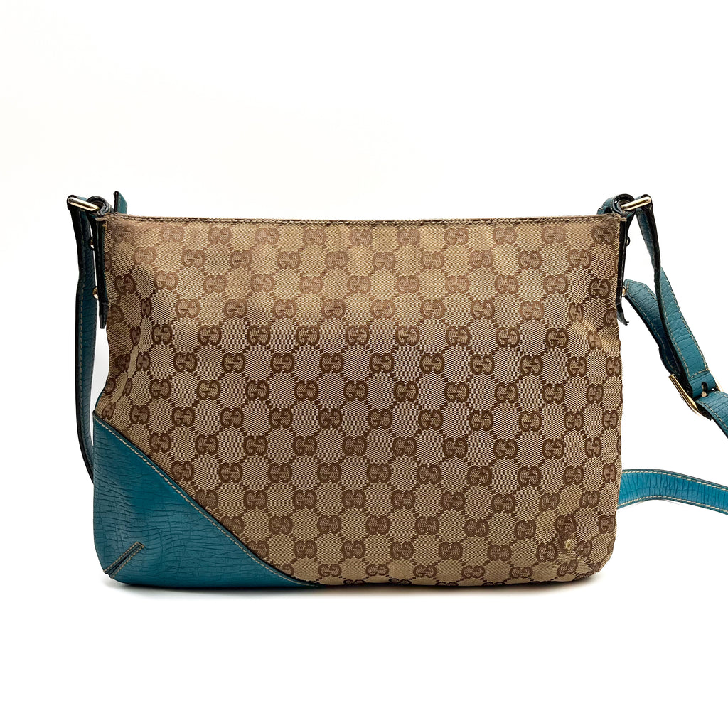 GUCCI 141504 Horsebit Shoulder Bag Hand Canvas Leather Beige Blue Gold Auth