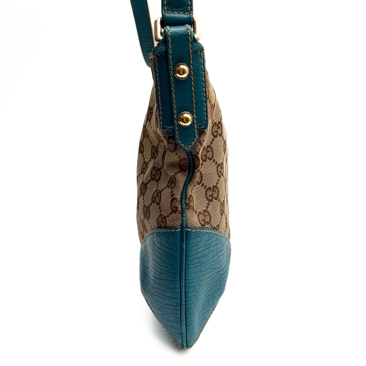 GUCCI 141504 Horsebit Shoulder Bag Hand Canvas Leather Beige Blue Gold Auth