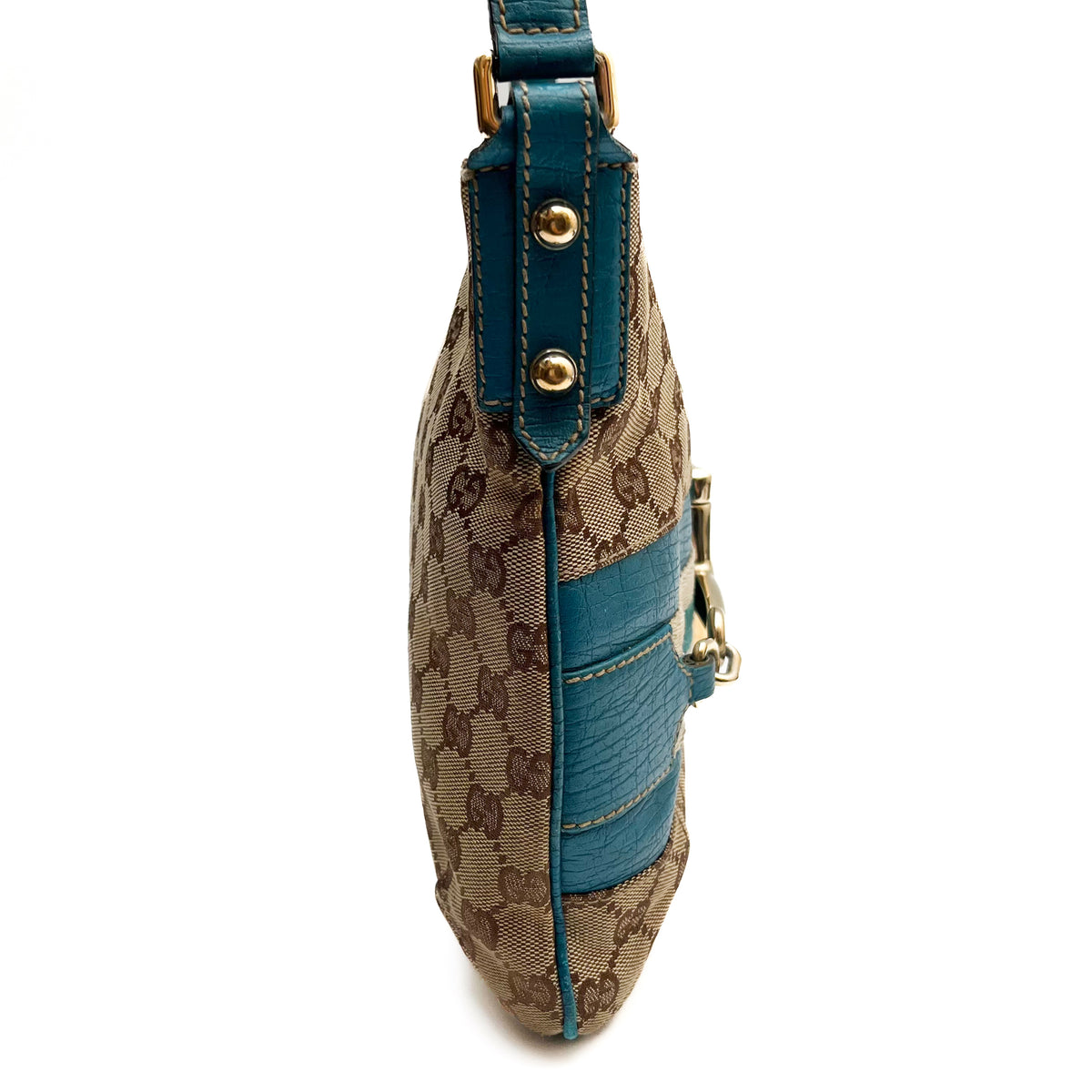 GUCCI 141504 Horsebit Shoulder Bag Hand Canvas Leather Beige Blue Gold Auth