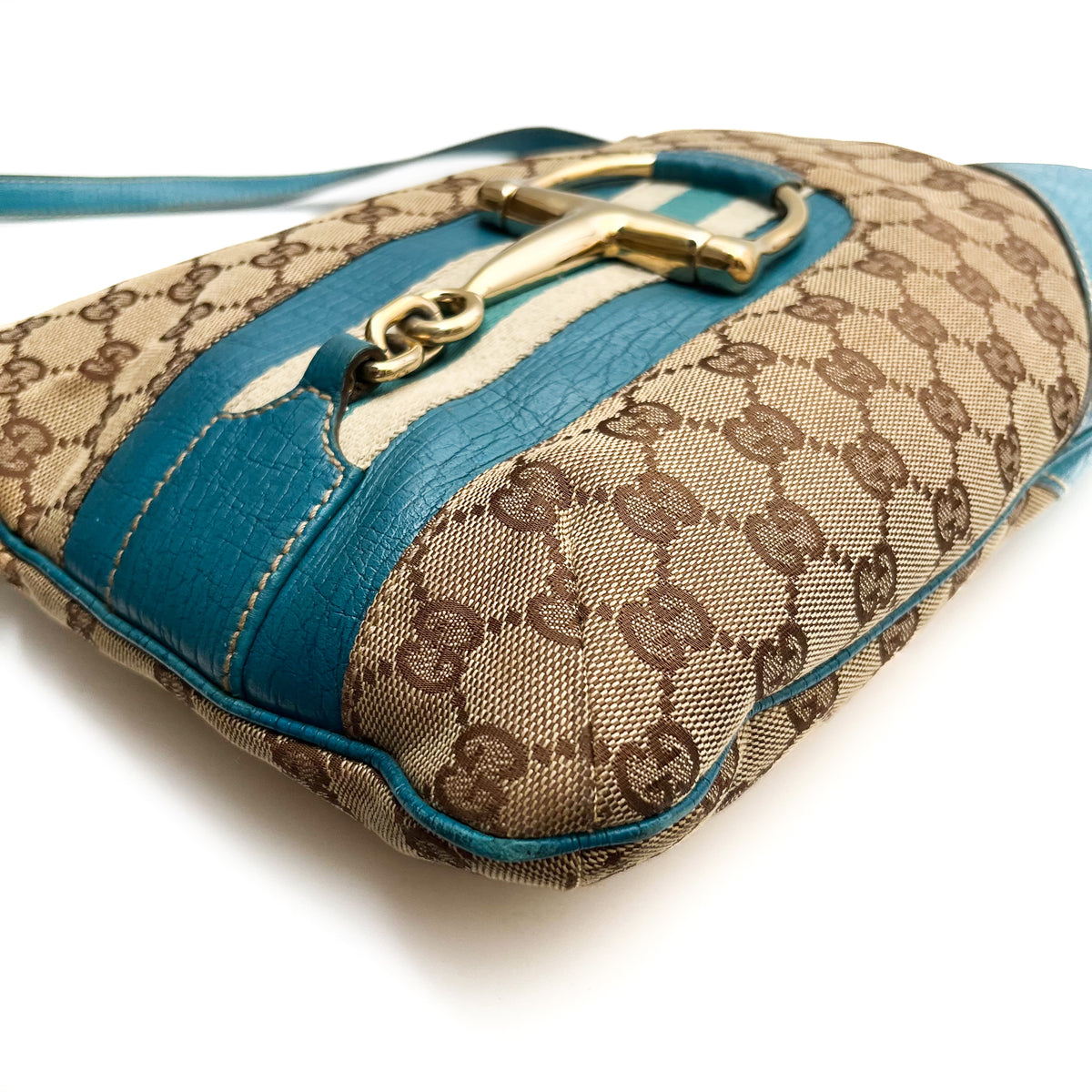 GUCCI 141504 Horsebit Shoulder Bag Hand Canvas Leather Beige Blue Gold Auth