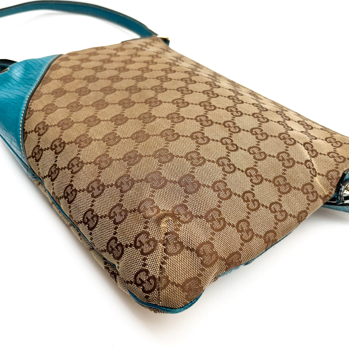 GUCCI 141504 Horsebit Shoulder Bag Hand Canvas Leather Beige Blue Gold Auth
