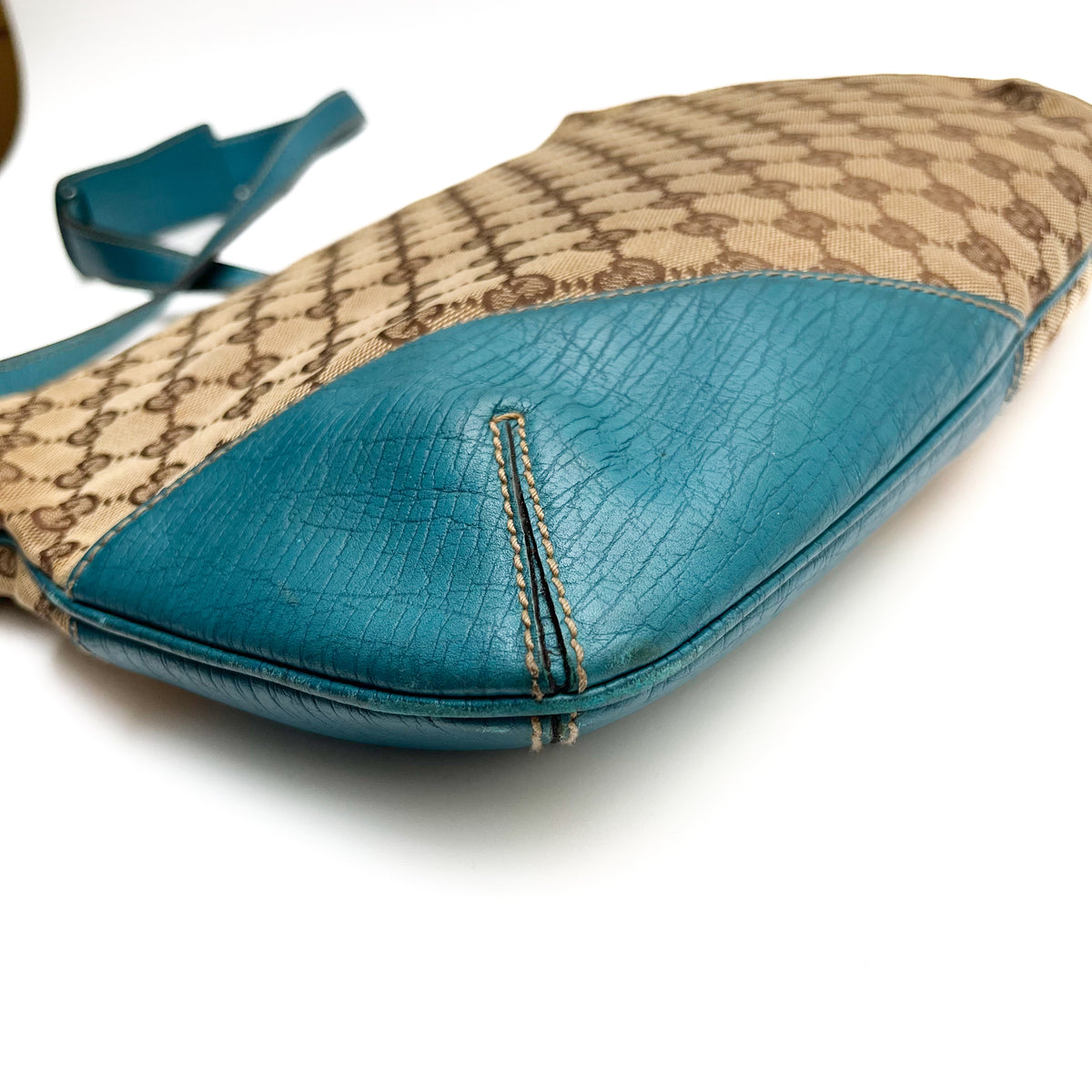 GUCCI 141504 Horsebit Shoulder Bag Hand Canvas Leather Beige Blue Gold Auth