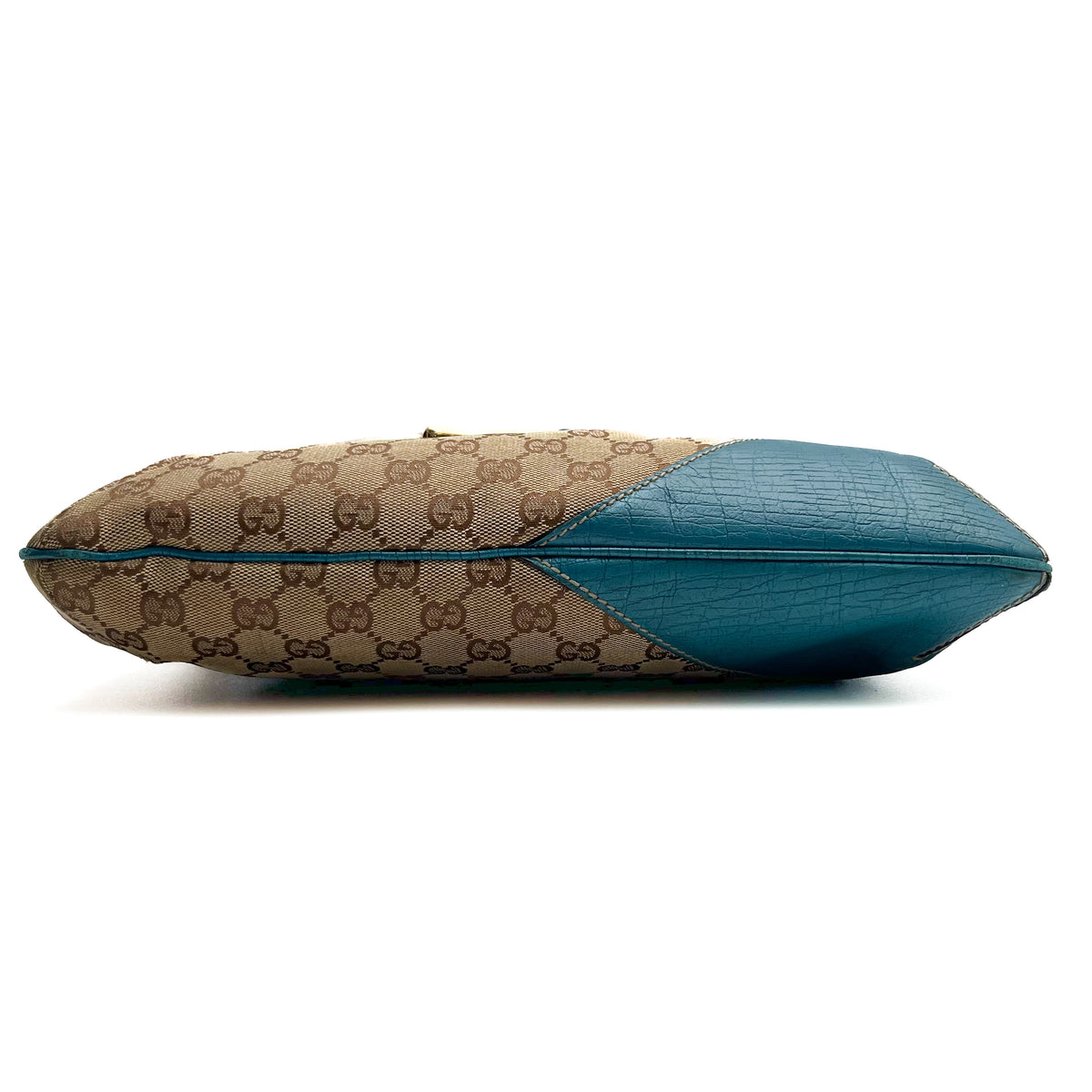 GUCCI 141504 Horsebit Shoulder Bag Hand Canvas Leather Beige Blue Gold Auth
