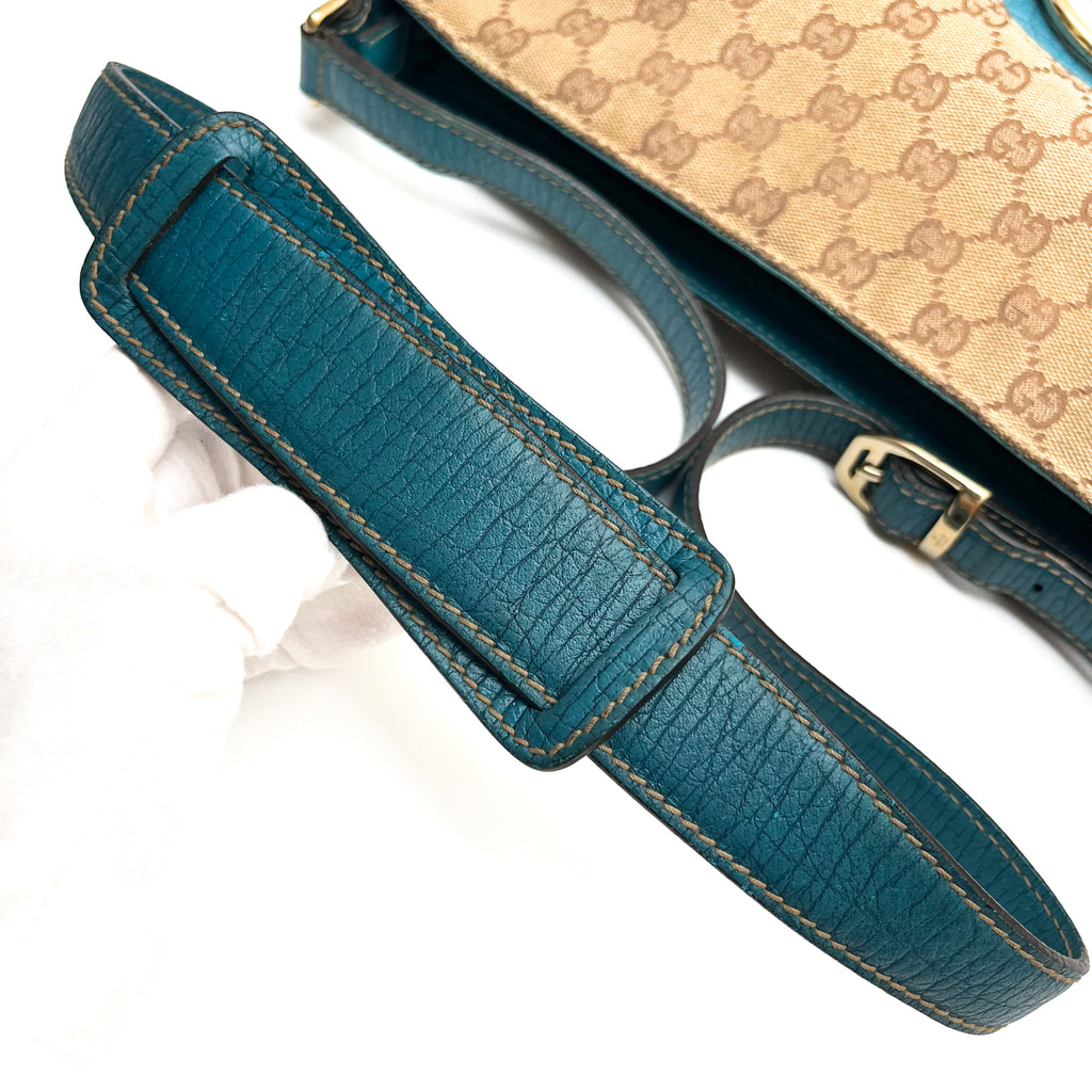 GUCCI 141504 Horsebit Shoulder Bag Hand Canvas Leather Beige Blue Gold Auth