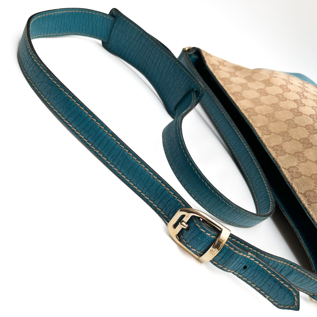 GUCCI 141504 Horsebit Shoulder Bag Hand Canvas Leather Beige Blue Gold Auth