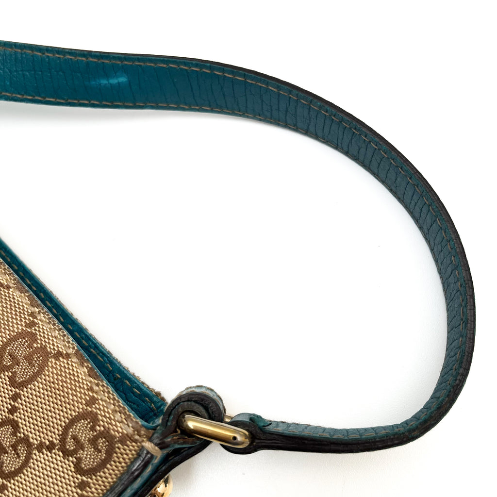 GUCCI 141504 Horsebit Shoulder Bag Hand Canvas Leather Beige Blue Gold Auth