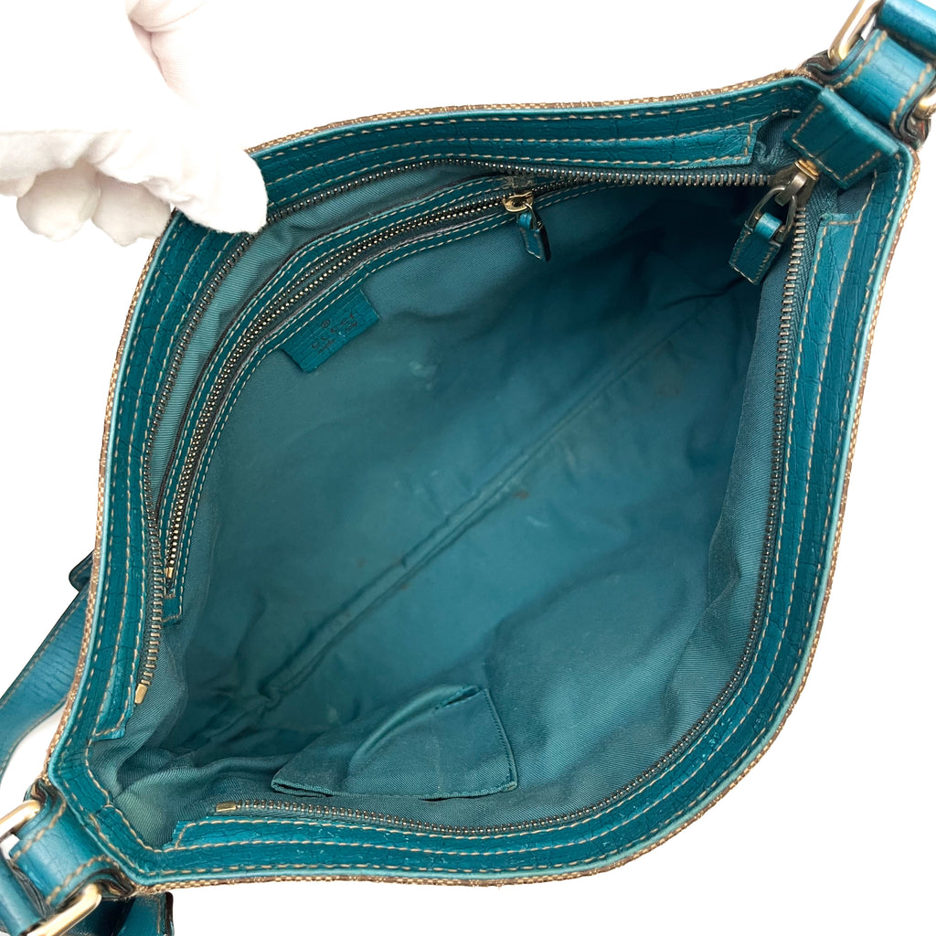 GUCCI 141504 Horsebit Shoulder Bag Hand Canvas Leather Beige Blue Gold Auth