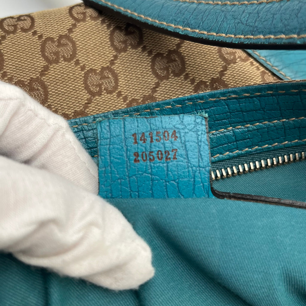 GUCCI 141504 Horsebit Shoulder Bag Hand Canvas Leather Beige Blue Gold Auth