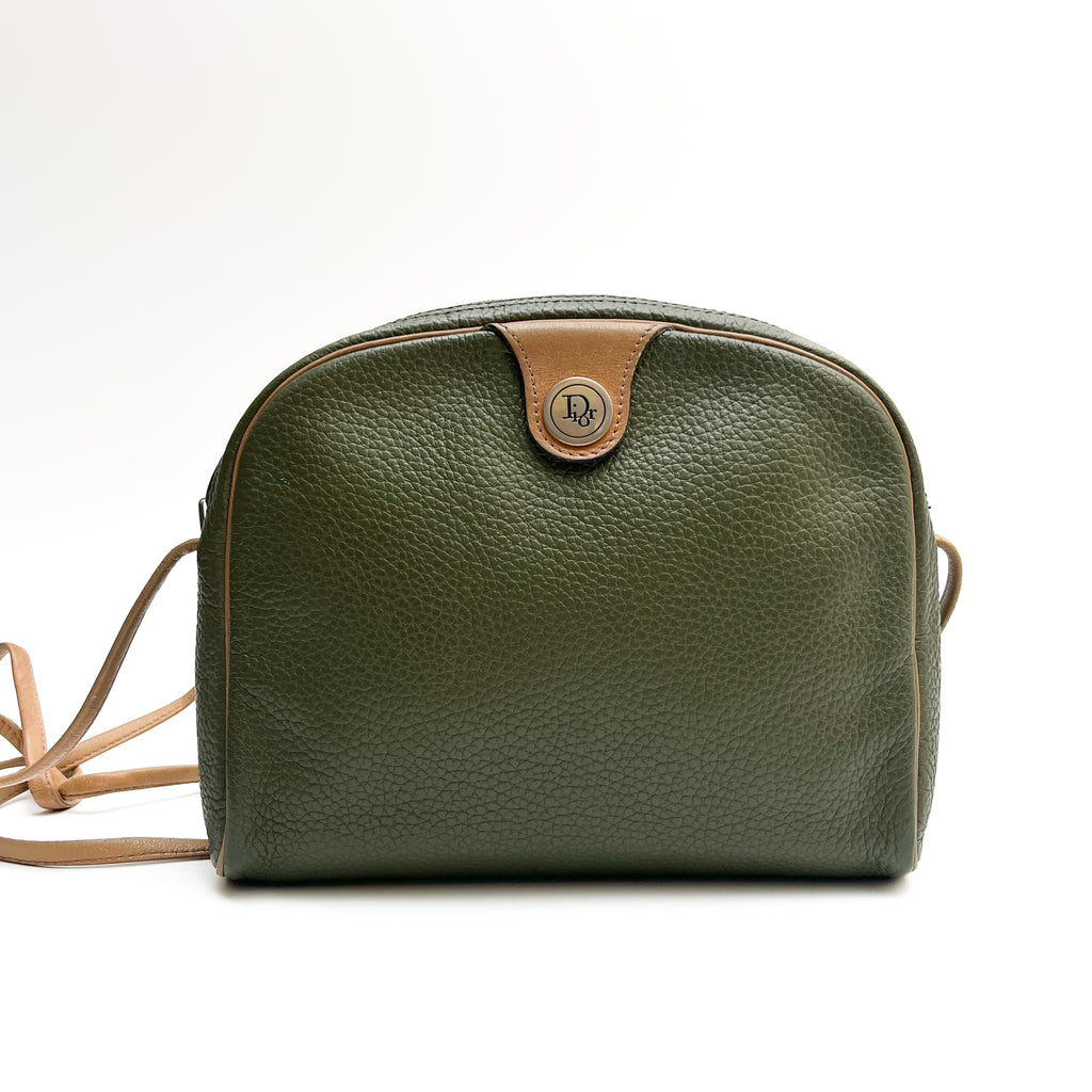 DIOR Shoulder Bag Green Leather Crossbody Brown Strap Gold Hardware Auth