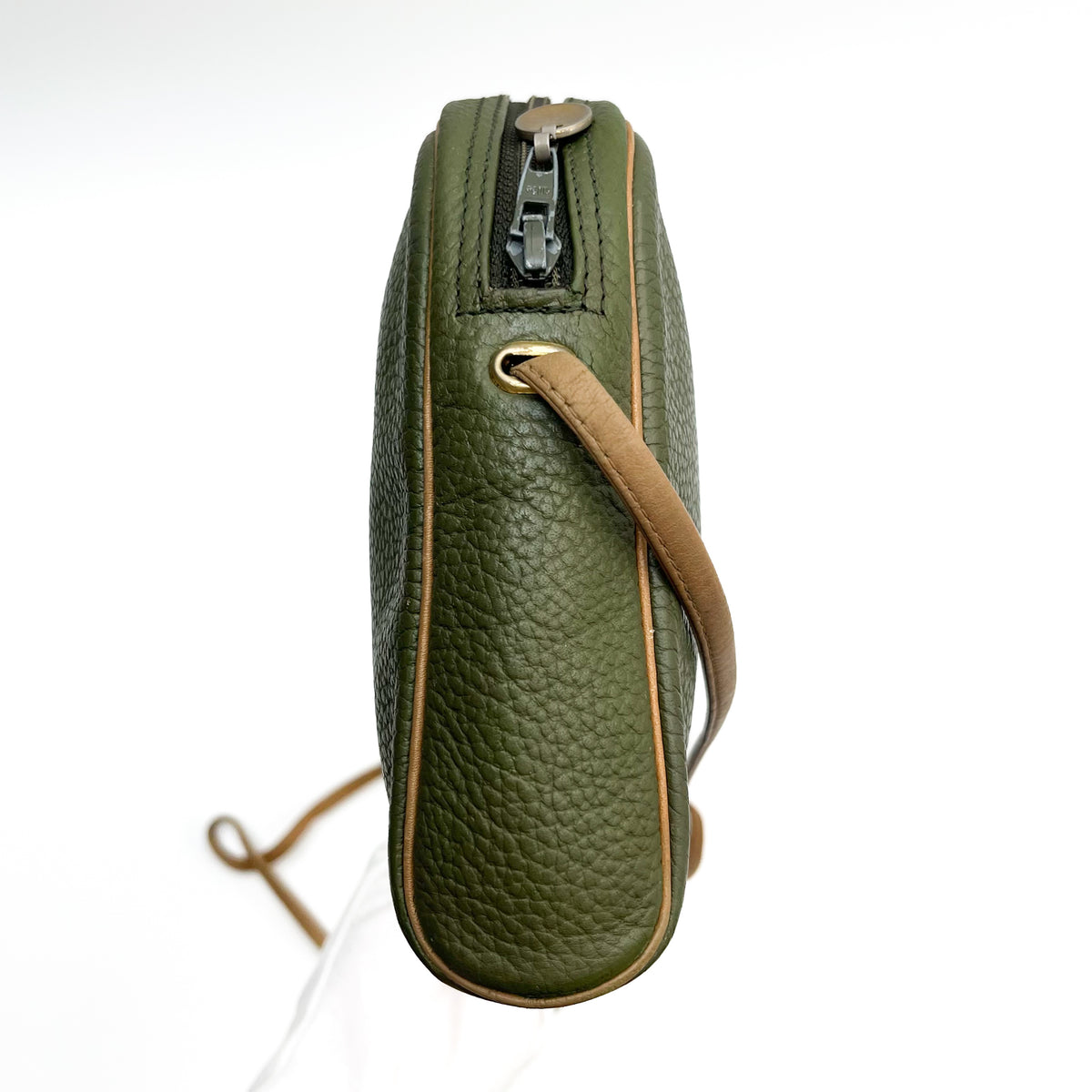 DIOR Shoulder Bag Green Leather Crossbody Brown Strap Gold Hardware Auth