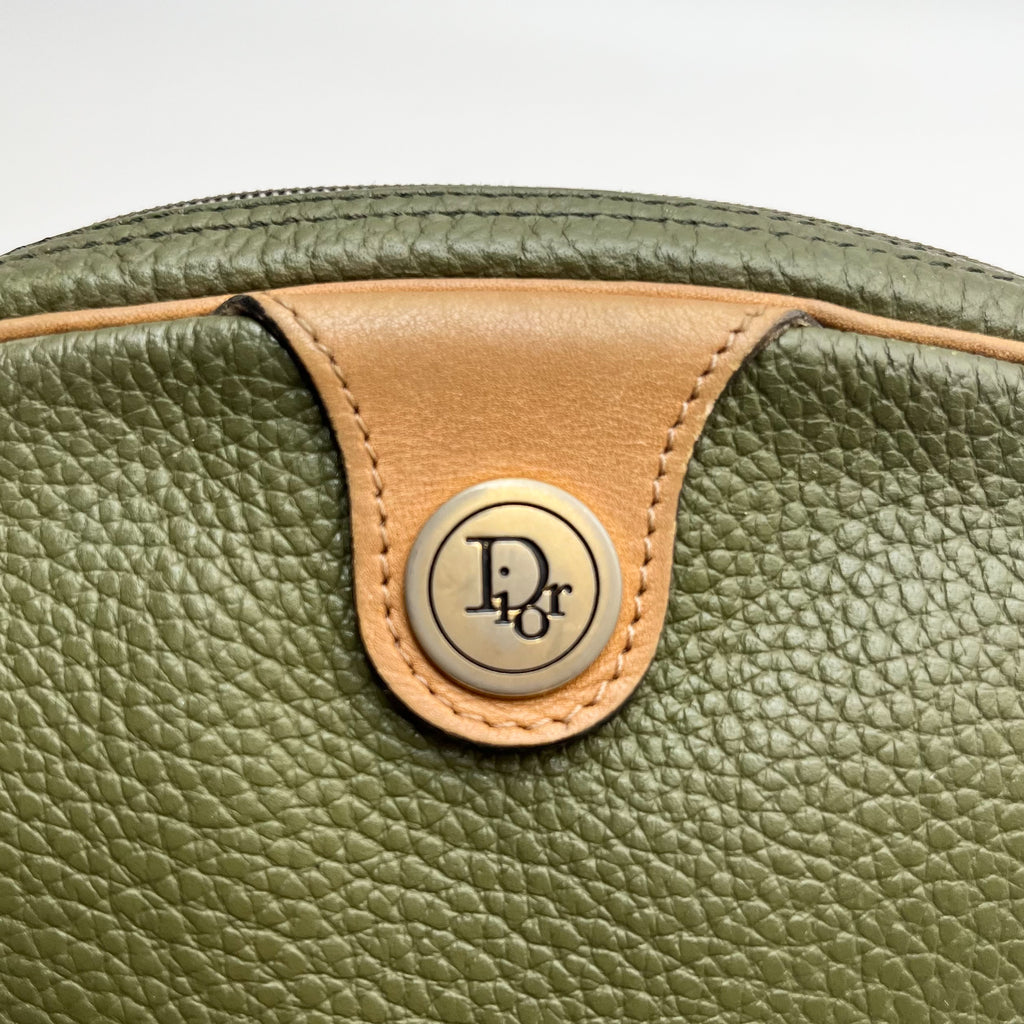 DIOR Shoulder Bag Green Leather Crossbody Brown Strap Gold Hardware Auth