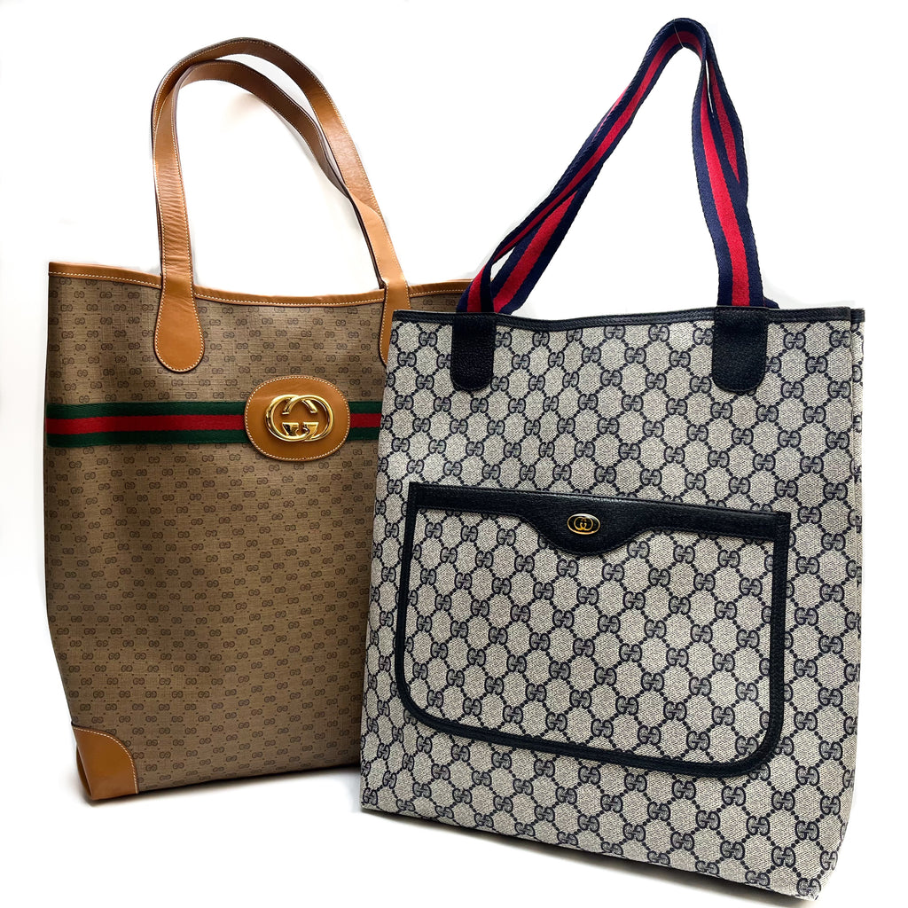 GUCCI Lot of 2 Bags Vintage GG Supreme Tote Bag PVC Leather Web Stripe Auth
