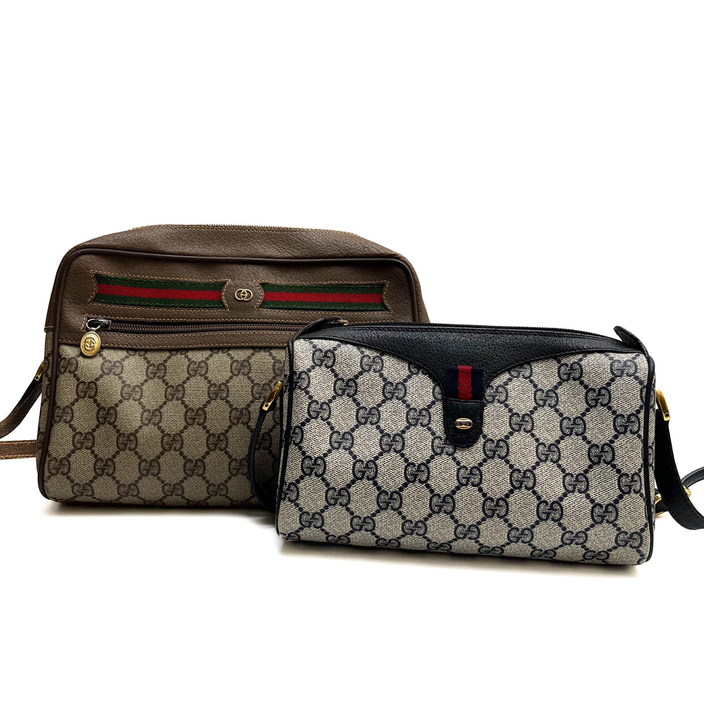 GUCCI Lot of 2 Bags GG Supreme PVC Web Stripe Shoulder Brown Navy Bundle Auth