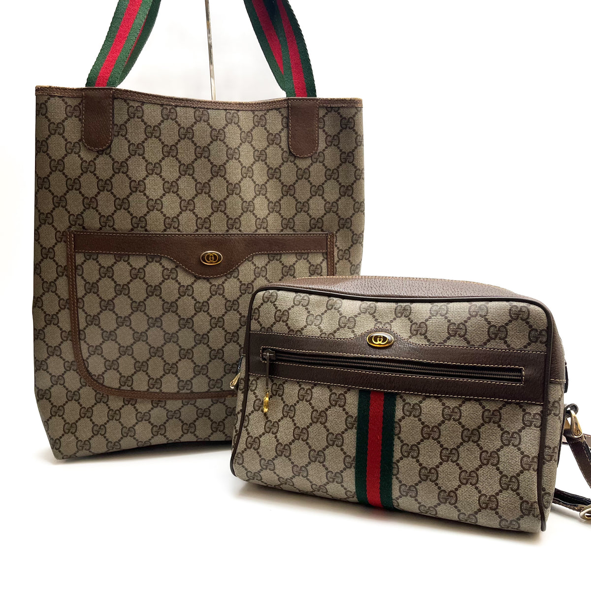 GUCCI Vintage Lot of 2 Bags GG Supreme Tote Shoulder PVC Brown Web Stripe Auth