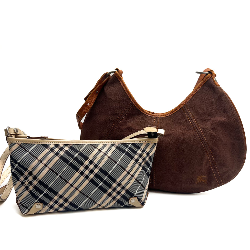 BURBERRY Lot of 2 Bags Crescent Shoulder Canvas Nylon Leather Brown Beige Auth