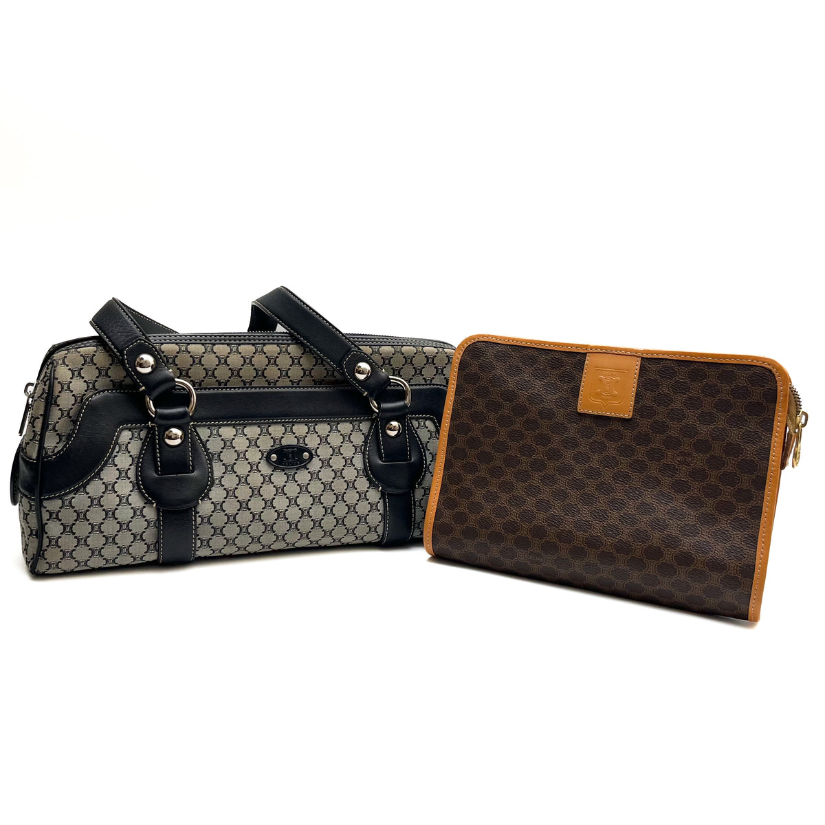 CELINE Lot of 2 Bags Triomphe Canvas Macadam PVC Handbag Clutch Gray Brown Auth