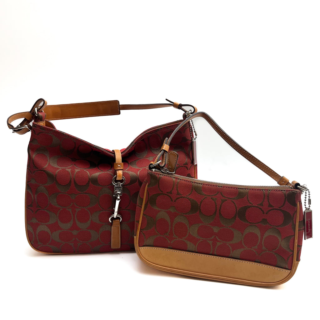 COACH Lot of 2 Bags Shoulder Bag Handbag Signature Canvas Red Brown Vintage Auth