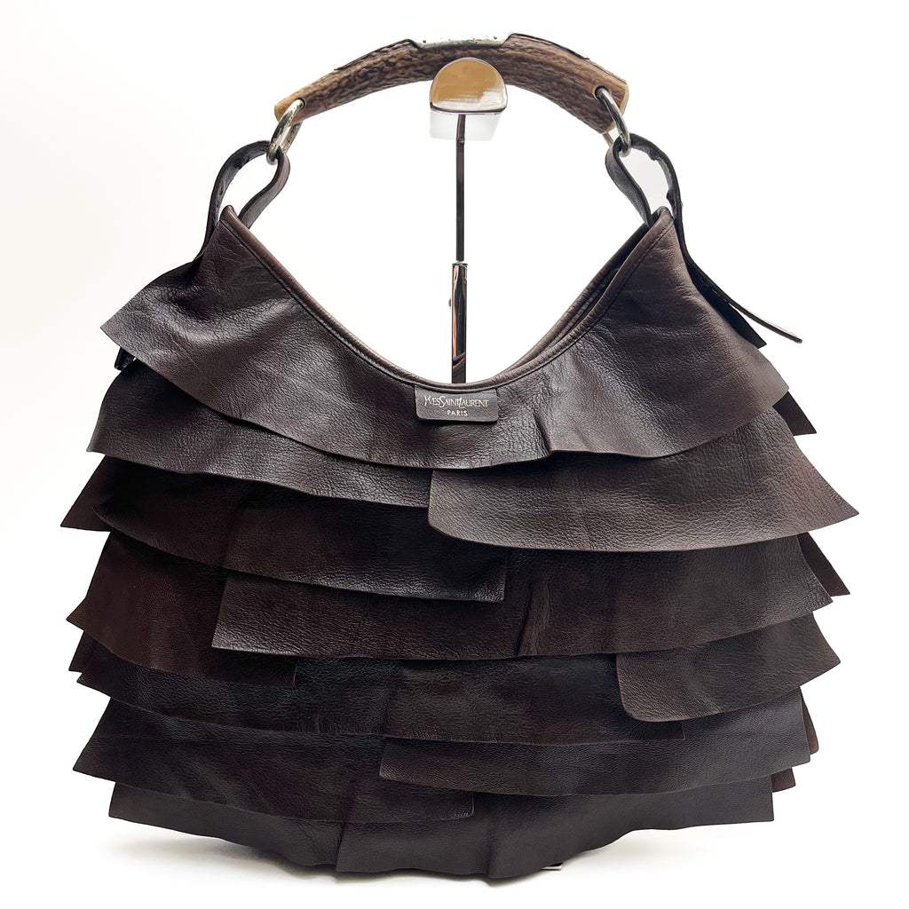 YVES SAINT LAURENT Mombasa Shoulderbag Handbag Tiered Leather Brown Auth From JP