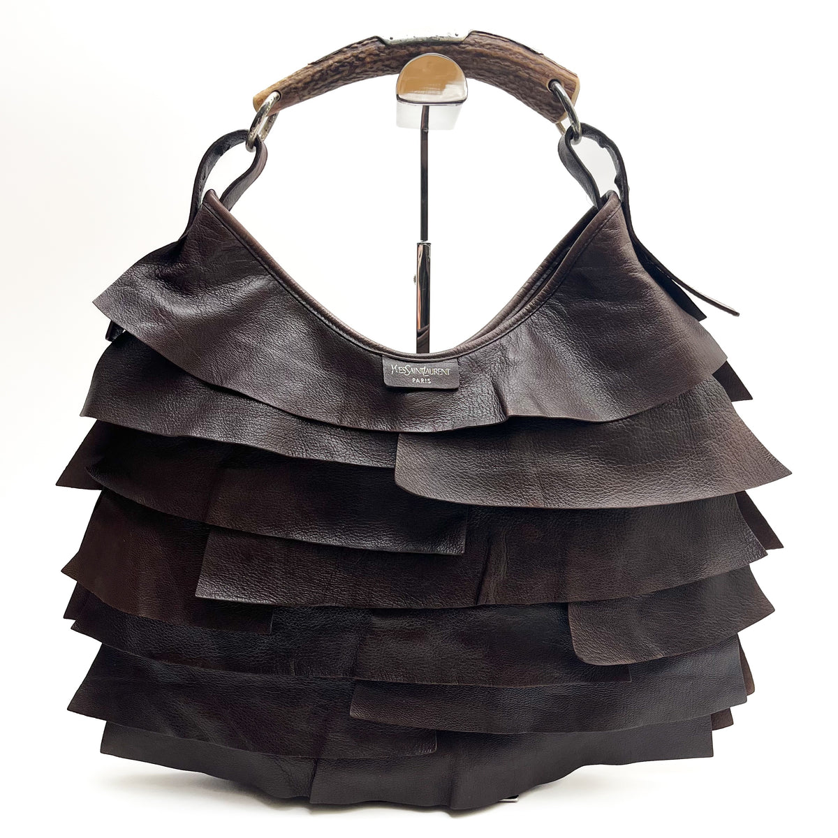 YVES SAINT LAURENT Mombasa Shoulderbag Handbag Tiered Leather Brown Auth From JP