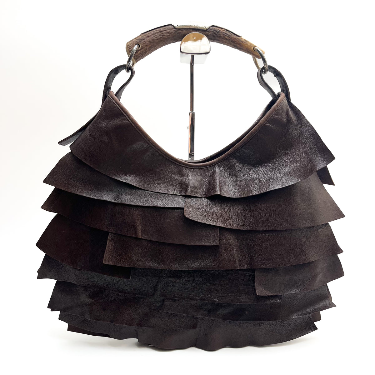 YVES SAINT LAURENT Mombasa Shoulderbag Handbag Tiered Leather Brown Auth From JP