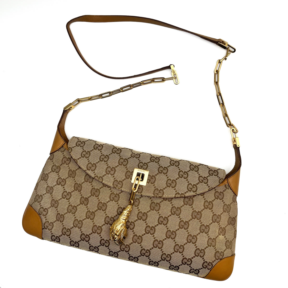 GUCCI Tom Ford Tiger head Chain Shoulder bag GG Canvas Vintage Auth From Japan