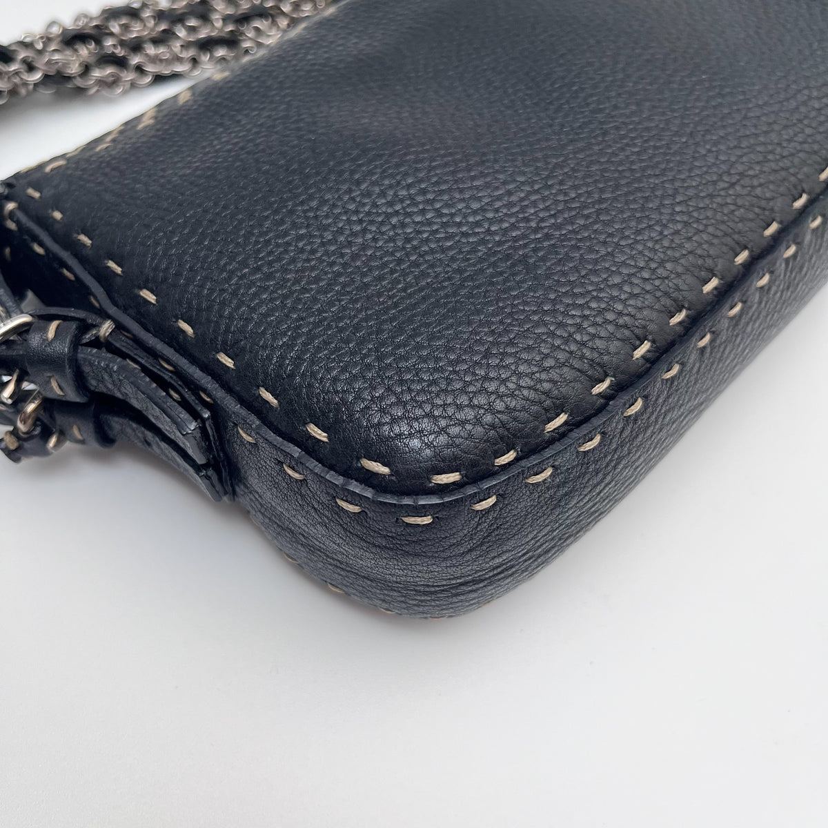 FENDI Selleria Chain Shoulder Hand Bag Black Leather Stitch Authentic From Japan