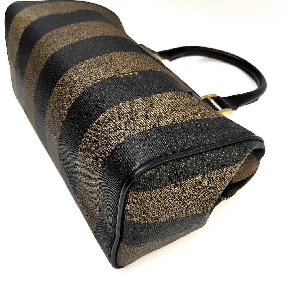 FENDI Pecan Stripe PVC Handbag Black Gold Hardware Vintage Authentic From Japan