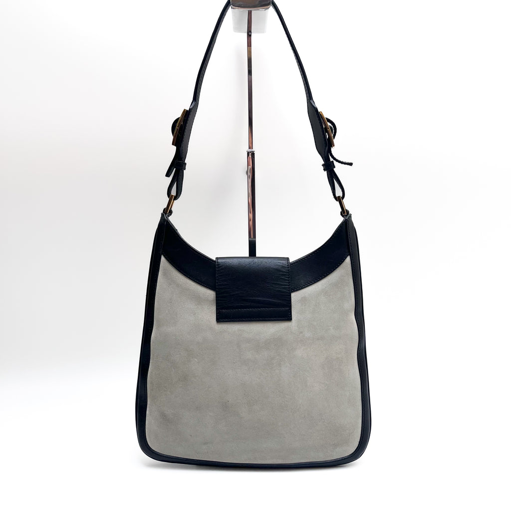 GUCCI 0014139 Shoulder Bag Suede Leather Beige Black Jackie Vintage Auth From JP
