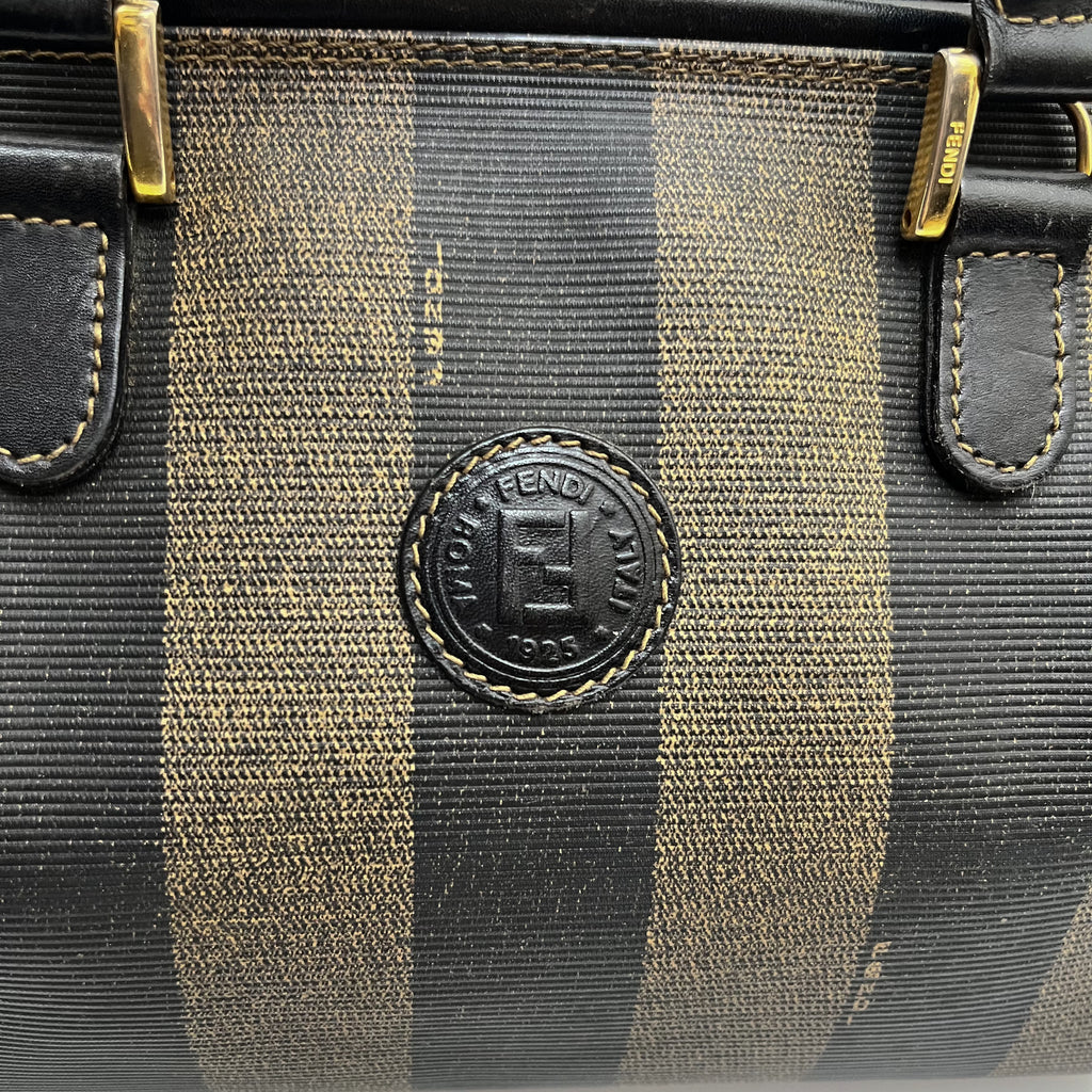 FENDI Pecan Stripe PVC Handbag Black Gold Hardware Vintage Authentic From Japan
