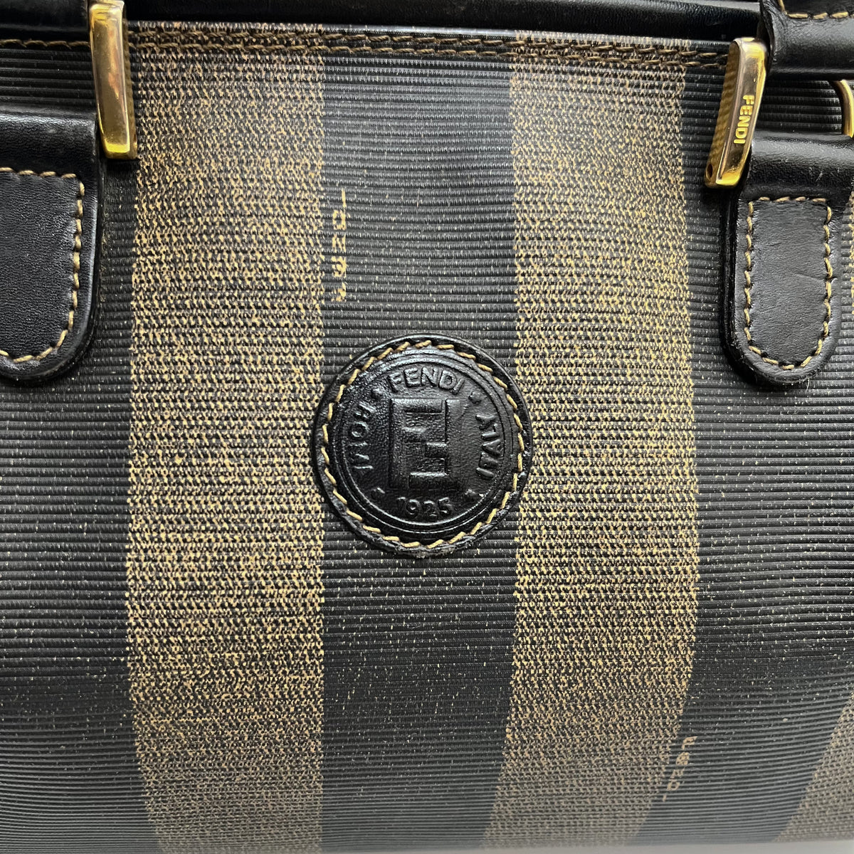 FENDI Pecan Stripe PVC Handbag Black Gold Hardware Vintage Authentic From Japan