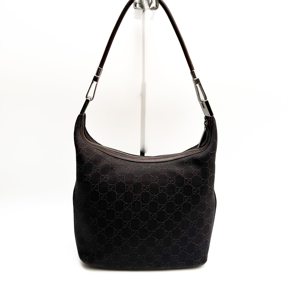 GUCCI 1234 GG Canvas Shoulder Bag Hobo Brown Leather Trim Authentic From Japan