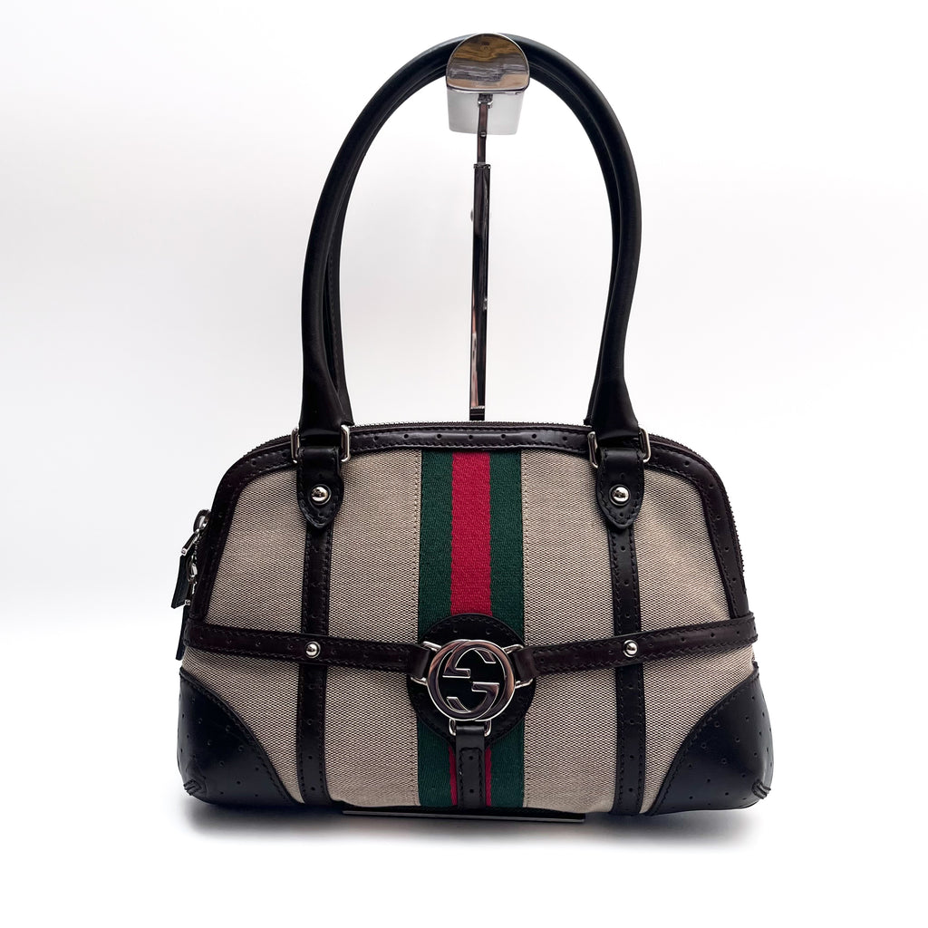 GUCCI 114882 Shoulder Bag Interlocking G Web Stripe Canvas Leather Auth From JP