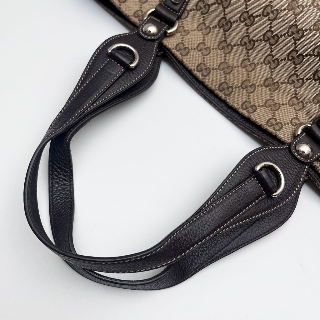 GUCCI 229852 GG Canvas Horsebit Tote Bag Beige Brown Leather Auth From Japan