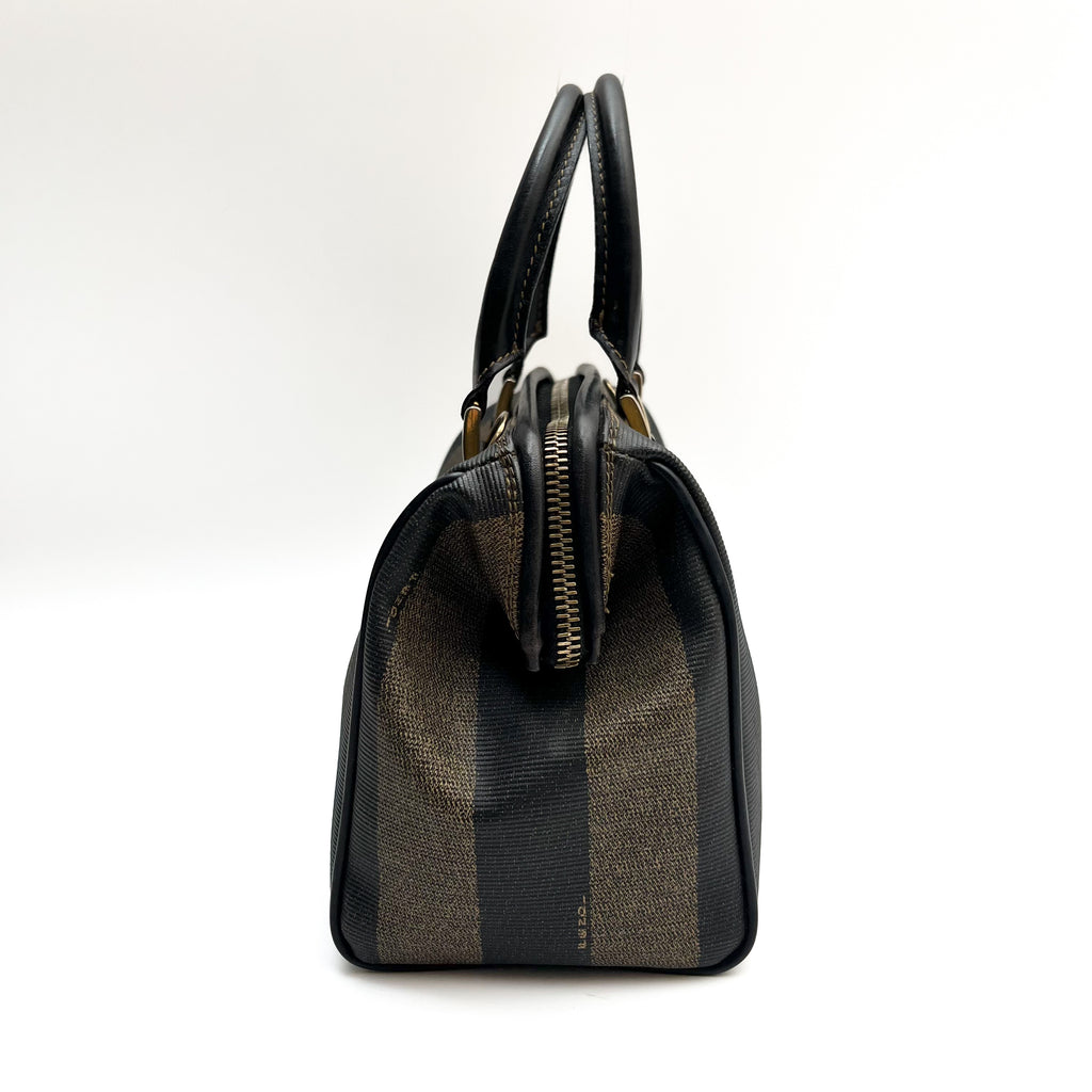 FENDI Pecan Stripe PVC Handbag Black Gold Hardware Vintage Authentic From Japan