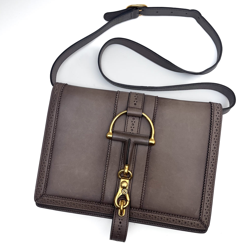 GUCCI 296902 Horsebit Shoulder Bag Leather Beige Brown Gold Hardware Auth