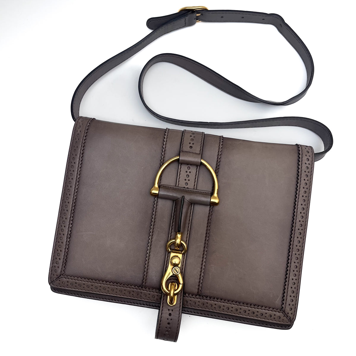 GUCCI 296902 Horsebit Shoulder Bag Leather Beige Brown Gold Hardware Auth