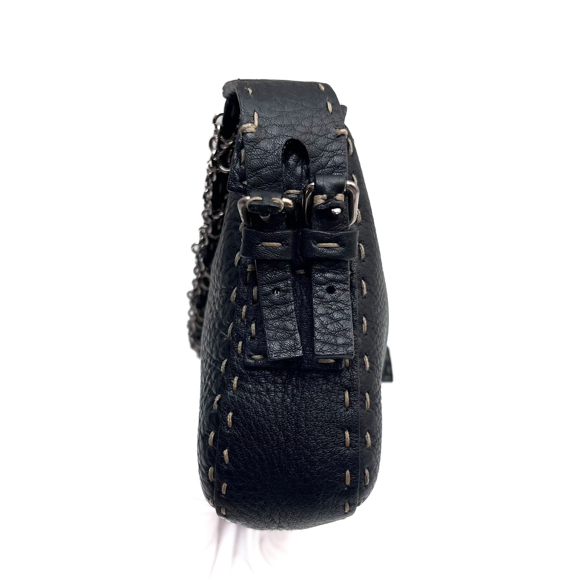 FENDI Selleria Chain Shoulder Hand Bag Black Leather Stitch Authentic From Japan