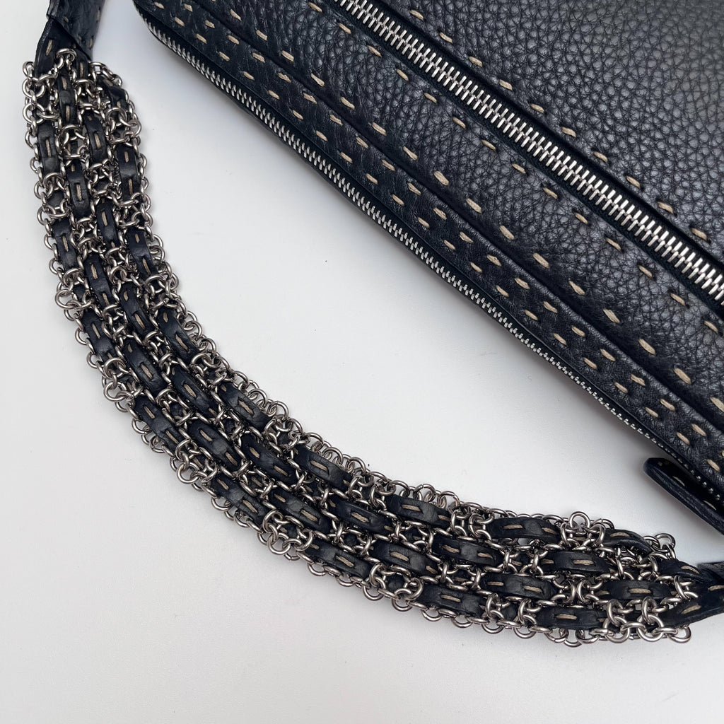 FENDI Selleria Chain Shoulder Hand Bag Black Leather Stitch Authentic From Japan