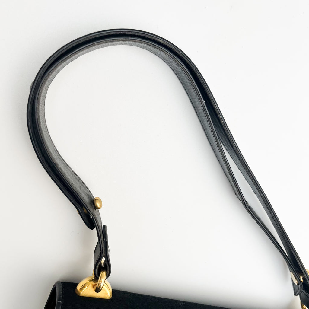 GUCCI Vintage Handbag Canvas GG Monogram Black Leather Strap Gold Hardware Auth