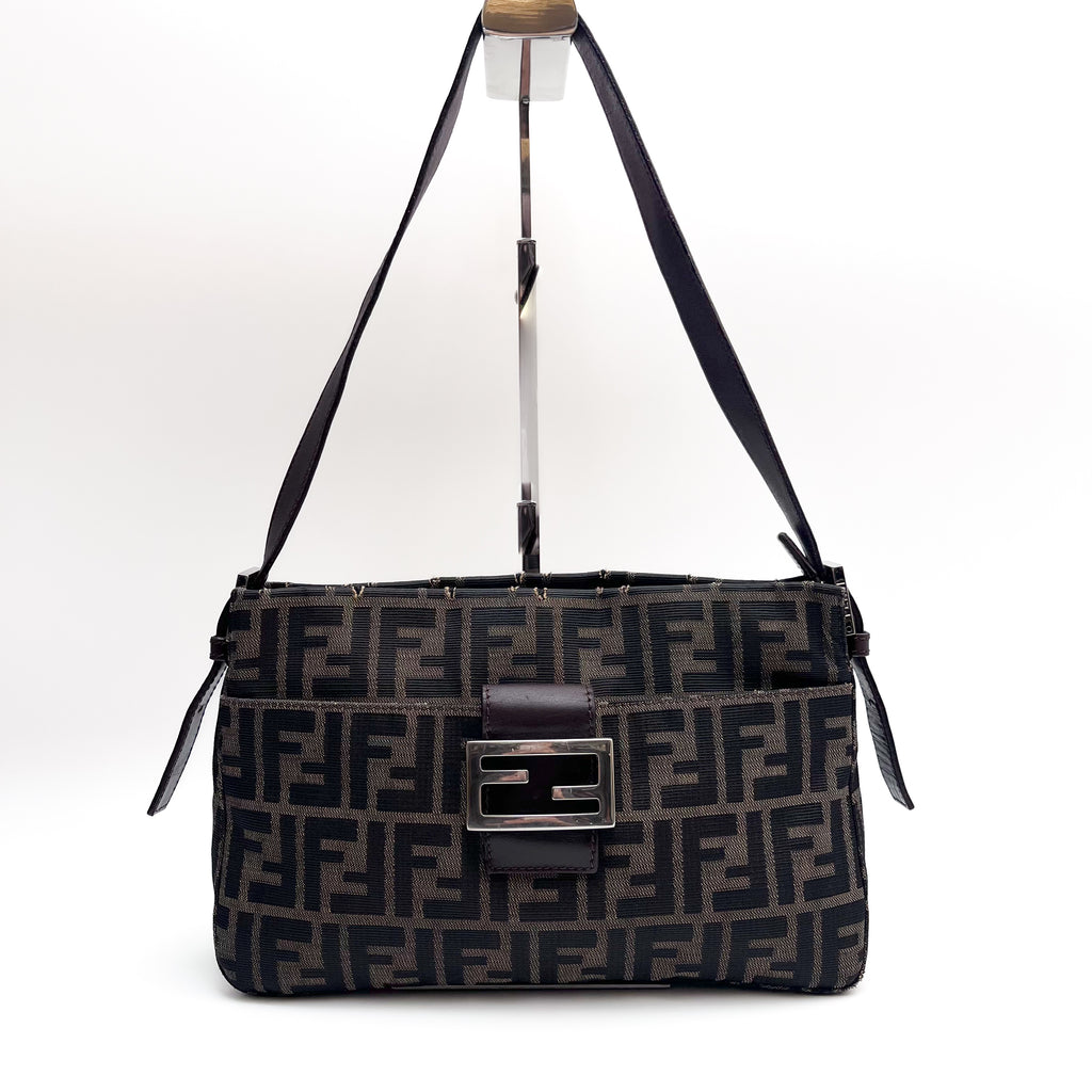 FENDI Mamma Baguette Zucca Shoulder Bag Canvas Leather Brown Vintage Authentic