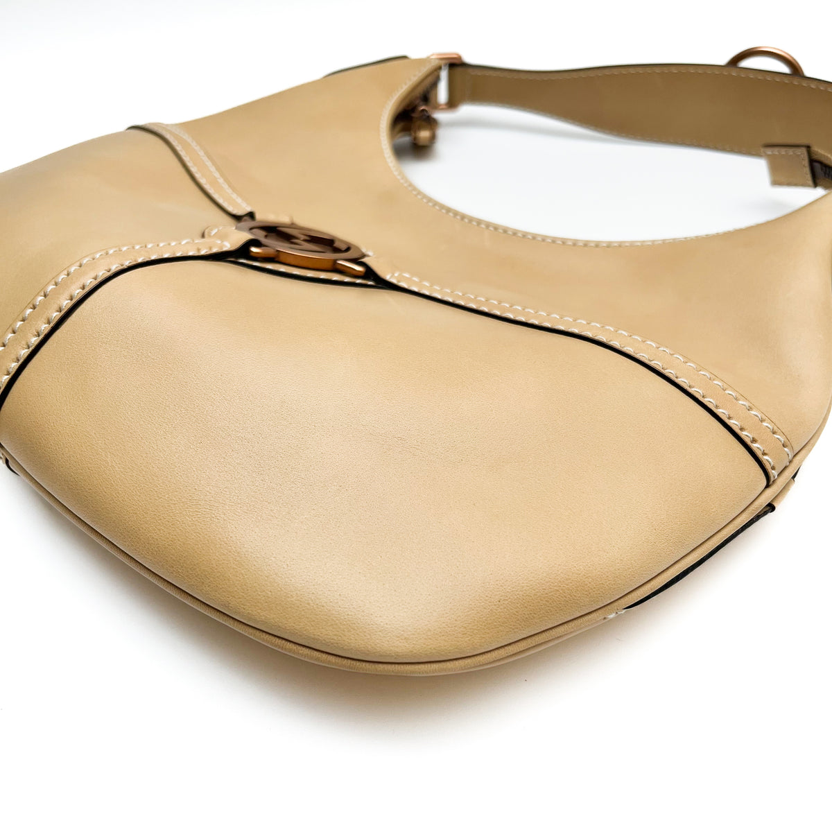 GUCCI 114869 One Shoulder Bag Leather Beige Interlocking G Logo Vintage Auth