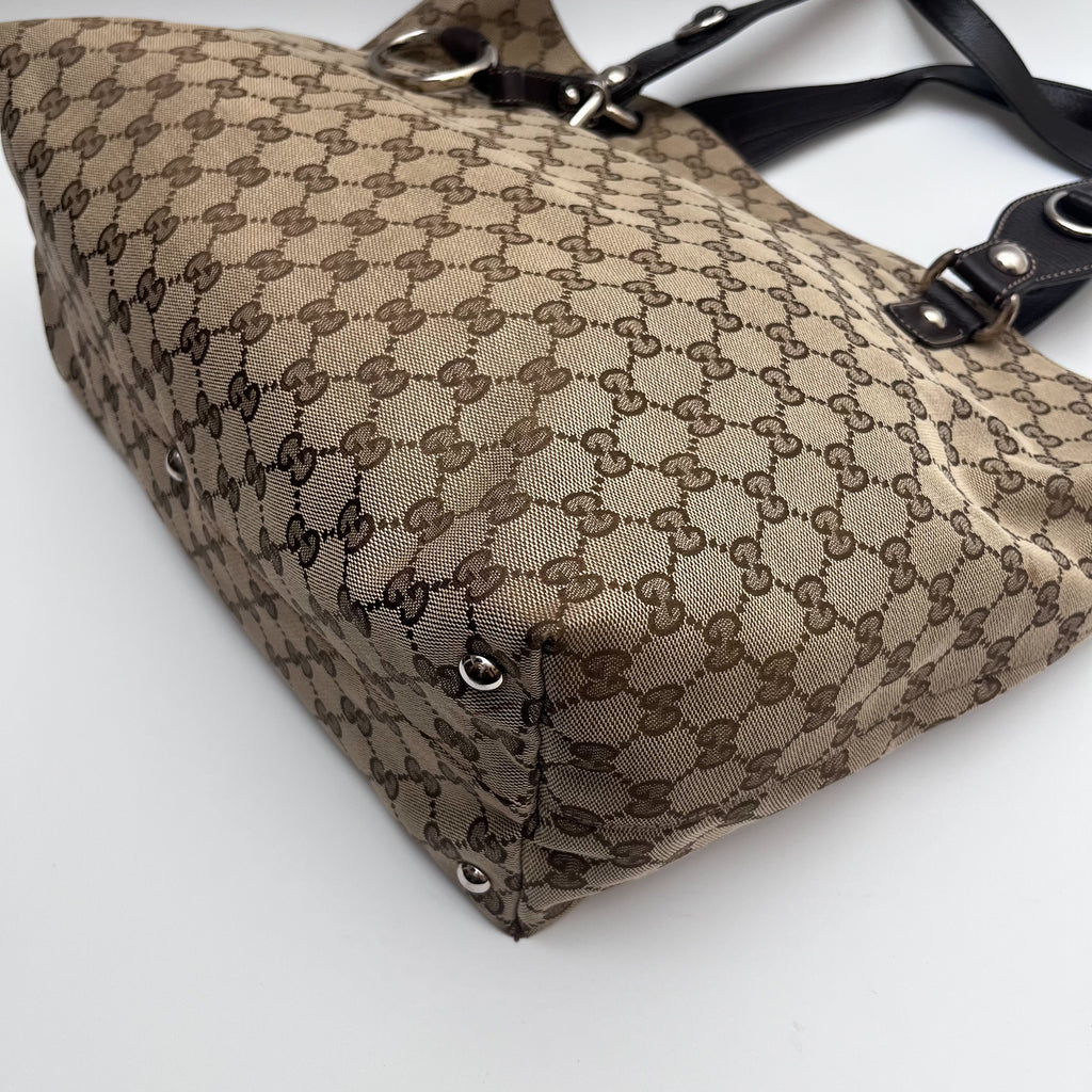 GUCCI 229852 GG Canvas Horsebit Tote Bag Beige Brown Leather Auth From Japan