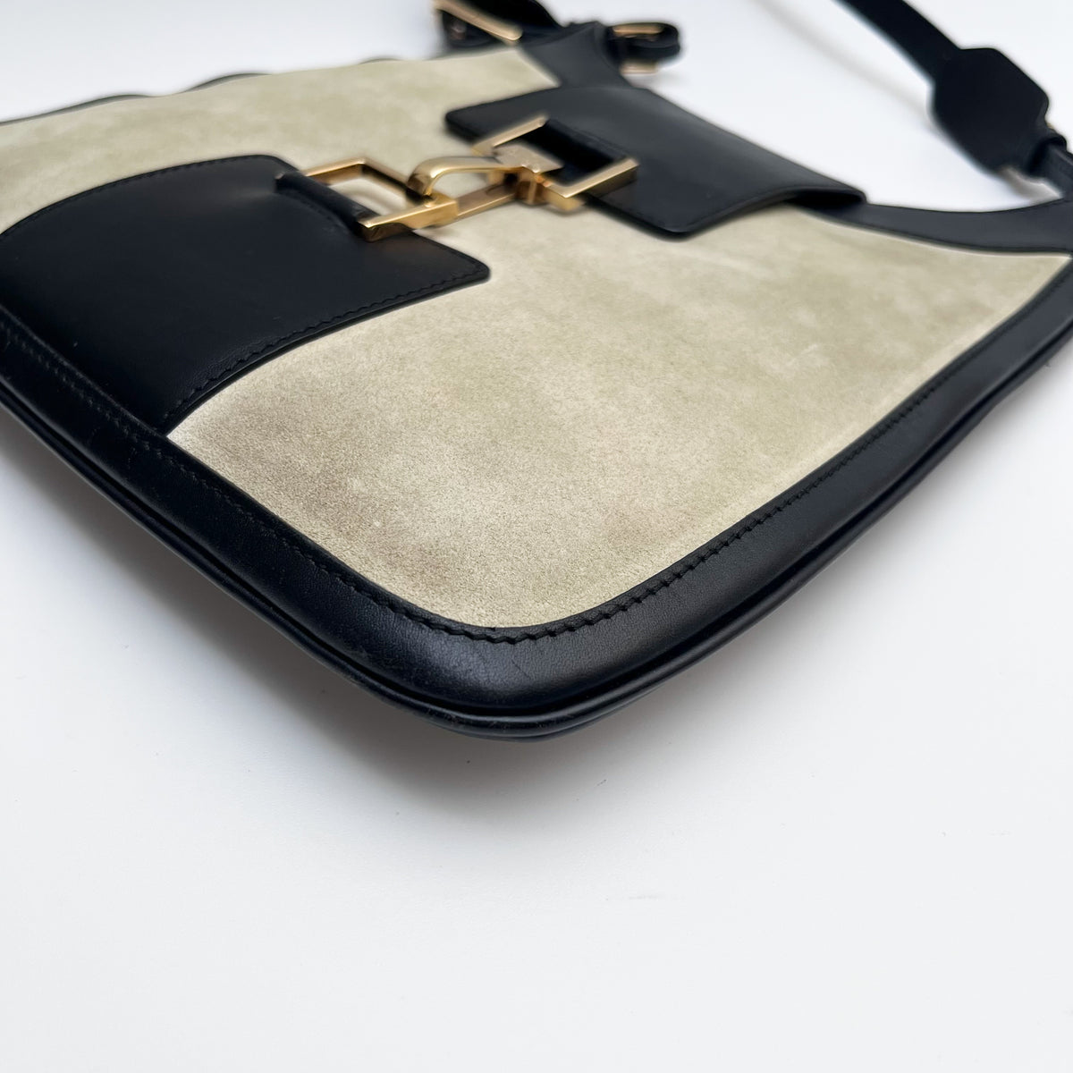 GUCCI 0014139 Shoulder Bag Suede Leather Beige Black Jackie Vintage Auth From JP