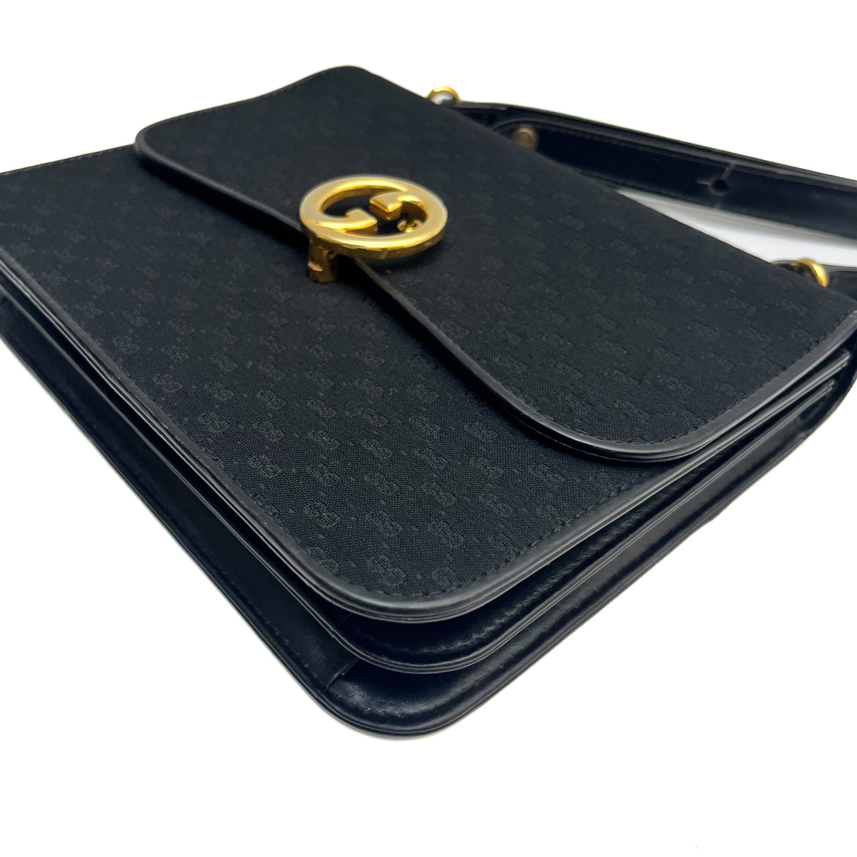 GUCCI Vintage Handbag Canvas GG Monogram Black Leather Strap Gold Hardware Auth