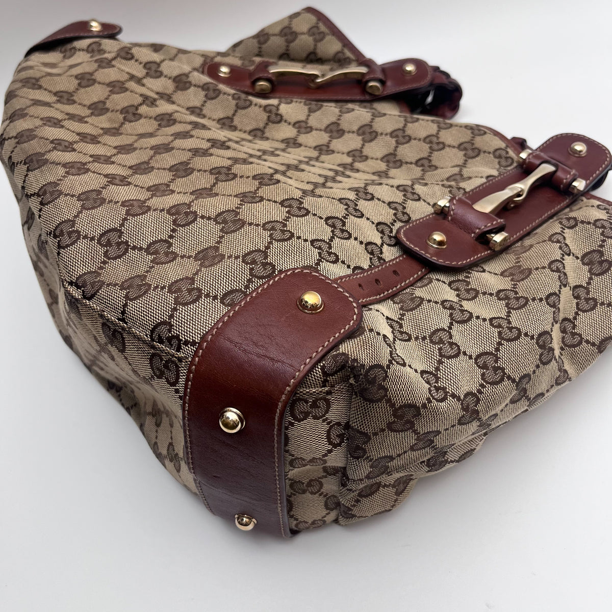 GUCCI 137621 Horsebit GG Canvas Tote Bag Braided Leather Handle Auth From JP