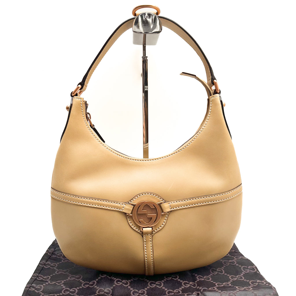 GUCCI 114869 One Shoulder Bag Leather Beige Interlocking G Logo Vintage Auth