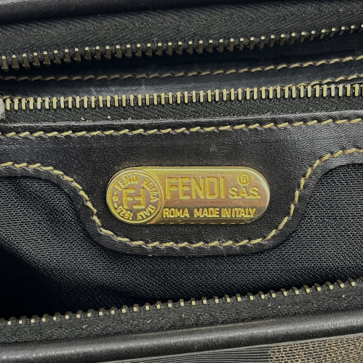 FENDI Pecan Stripe PVC Handbag Black Gold Hardware Vintage Authentic From Japan
