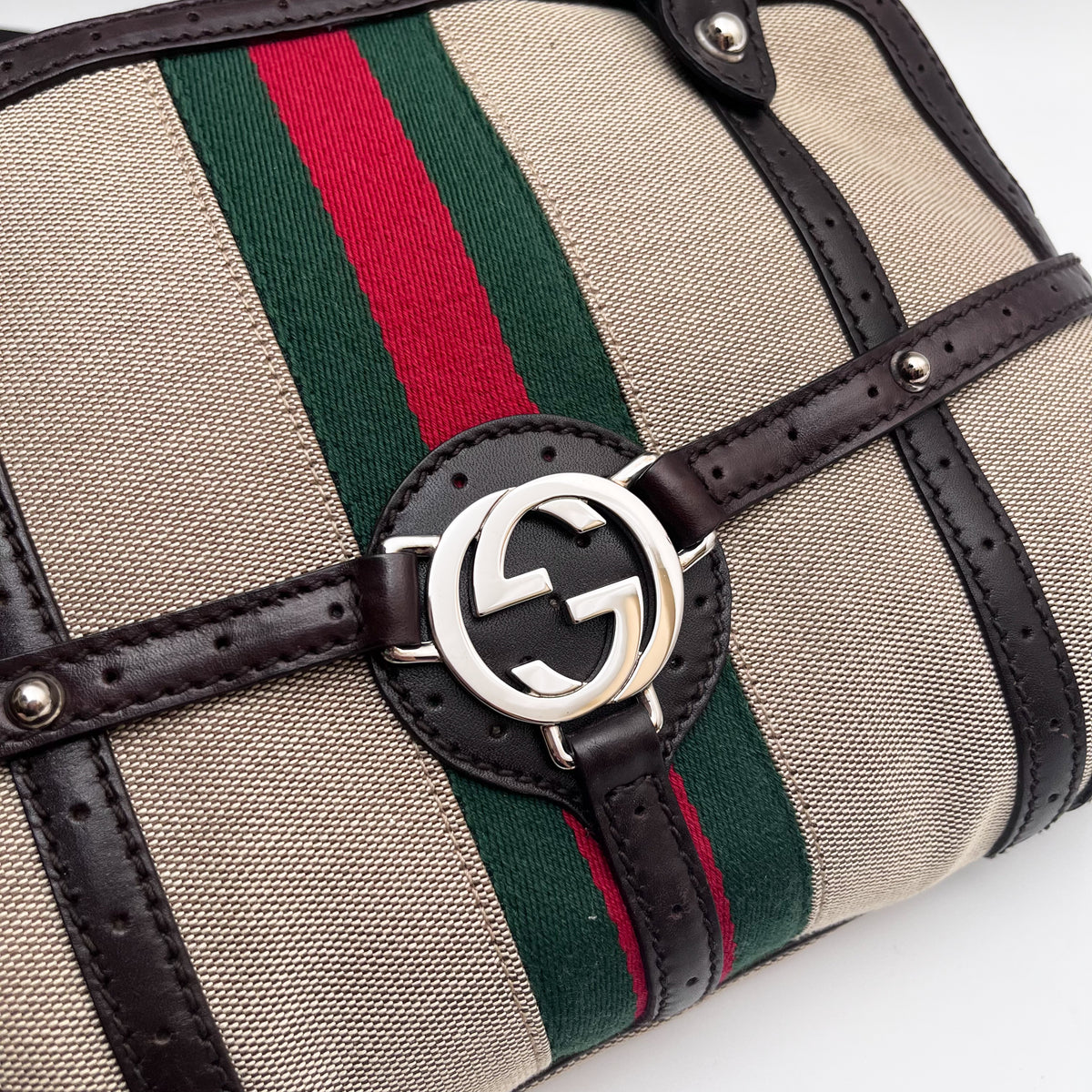 GUCCI 114882 Shoulder Bag Interlocking G Web Stripe Canvas Leather Auth From JP